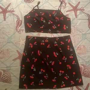 Black Two-Piece Cherry Skirt and Crop Top Set